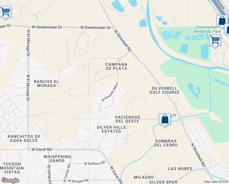 map of restaurants, bars, coffee shops, grocery stores, and more near 3593 North Avenida Albor in Tucson