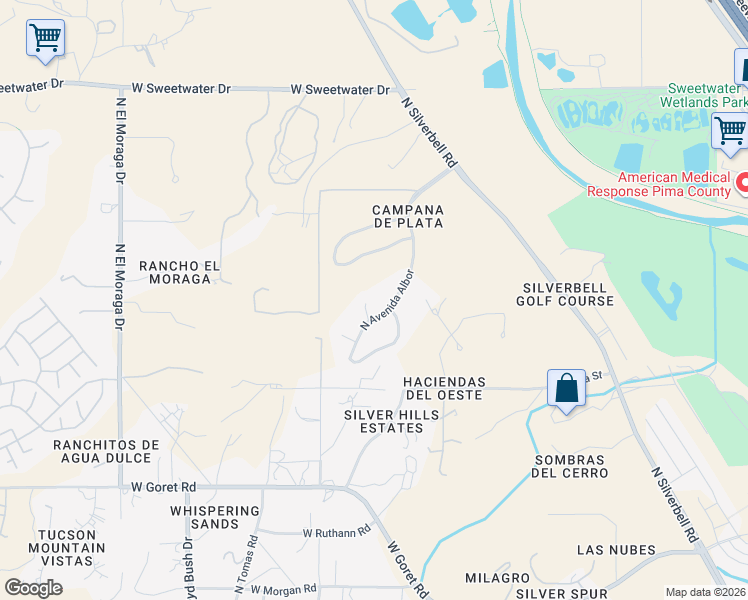 map of restaurants, bars, coffee shops, grocery stores, and more near 3593 North Avenida Albor in Tucson