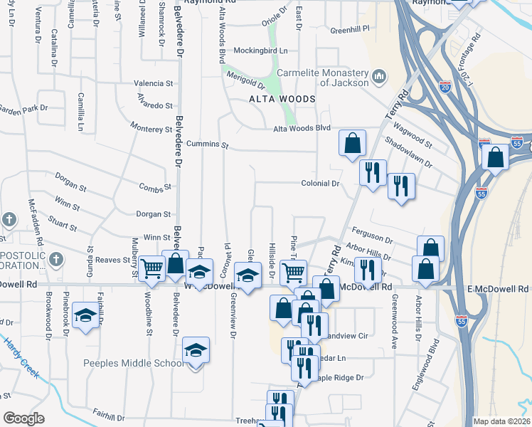 map of restaurants, bars, coffee shops, grocery stores, and more near 2607 Hillside Drive in Jackson