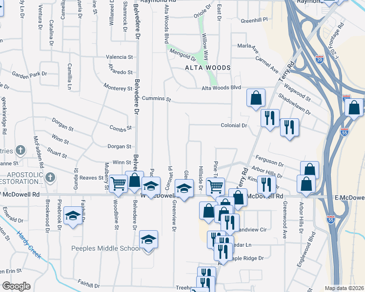 map of restaurants, bars, coffee shops, grocery stores, and more near 2611 Glenn Street in Jackson