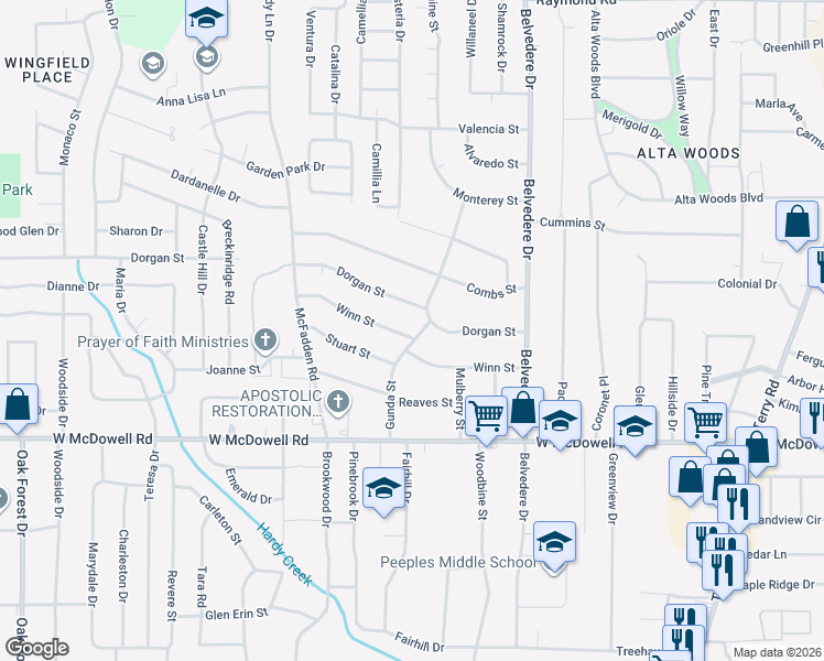 map of restaurants, bars, coffee shops, grocery stores, and more near 2398 Gunda Street in Jackson
