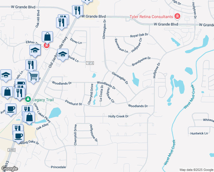map of restaurants, bars, coffee shops, grocery stores, and more near 6711 La Costa Drive in Tyler