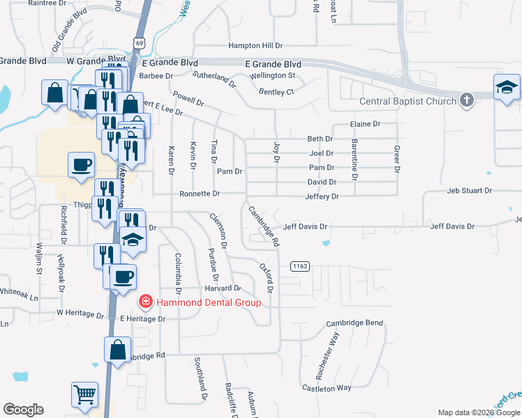 map of restaurants, bars, coffee shops, grocery stores, and more near 613 Jeffery Drive in Tyler