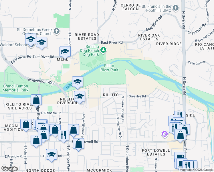 map of restaurants, bars, coffee shops, grocery stores, and more near 4173 East Sapphire Falls Drive in Tucson