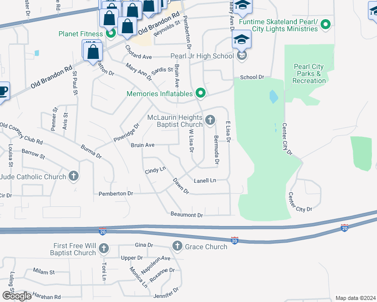 map of restaurants, bars, coffee shops, grocery stores, and more near 208 West Lisa Drive in Pearl