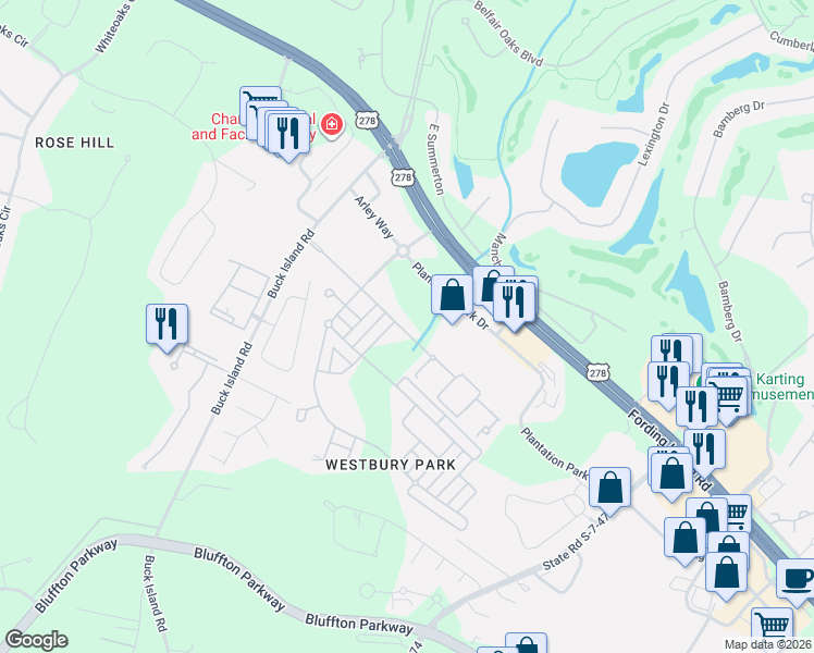 map of restaurants, bars, coffee shops, grocery stores, and more near 63 Kensington Boulevard in Bluffton