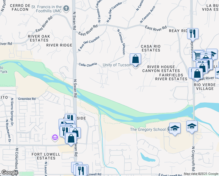 map of restaurants, bars, coffee shops, grocery stores, and more near 3600 North Camino Sinuoso in Tucson