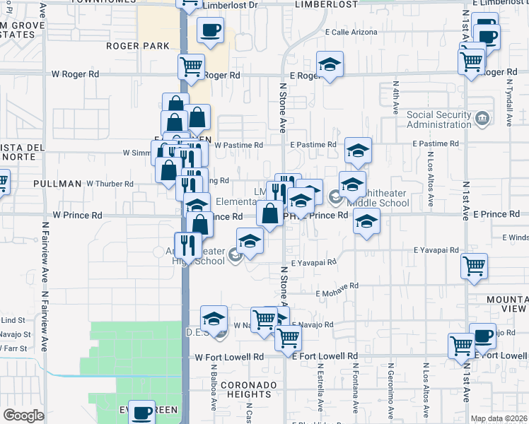 map of restaurants, bars, coffee shops, grocery stores, and more near 3621 North Stone Avenue in Tucson