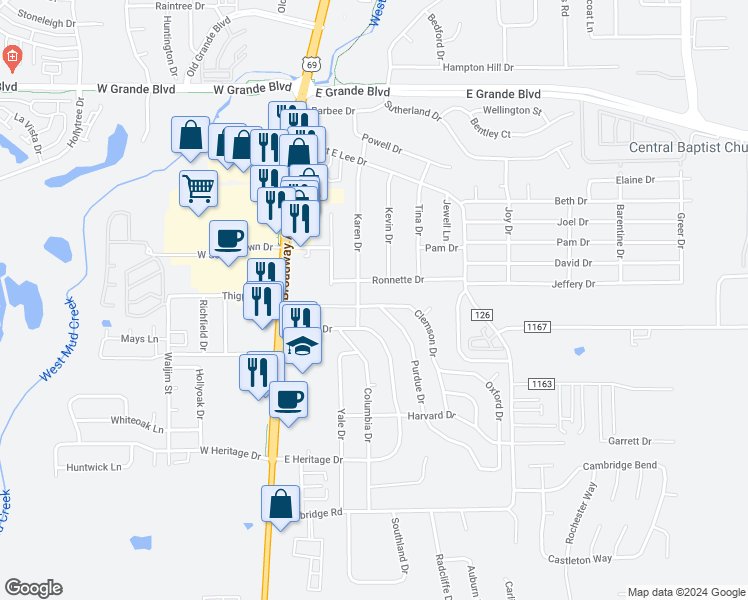 map of restaurants, bars, coffee shops, grocery stores, and more near 304 Clemson Drive in Tyler