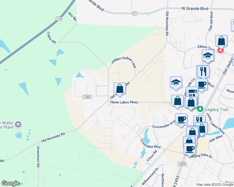 map of restaurants, bars, coffee shops, grocery stores, and more near 14346-14662 Old Noonday Road in Tyler
