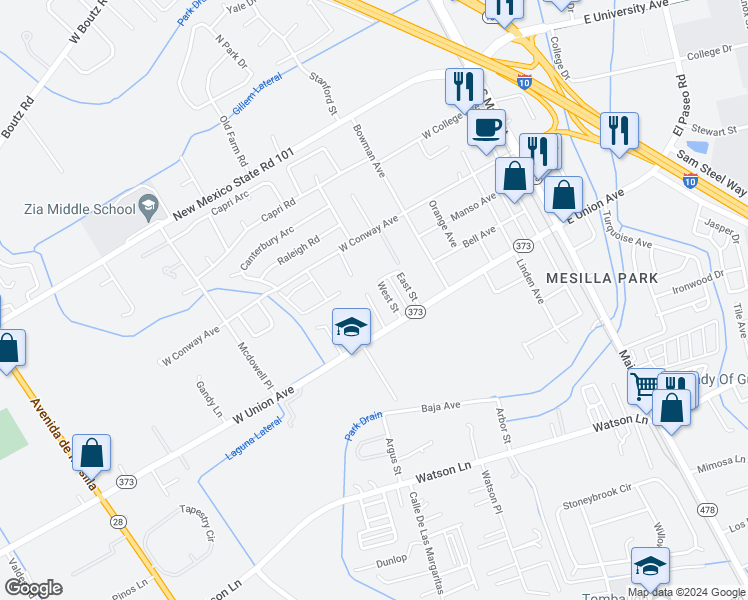 map of restaurants, bars, coffee shops, grocery stores, and more near 3313 Conlee Lane in Las Cruces