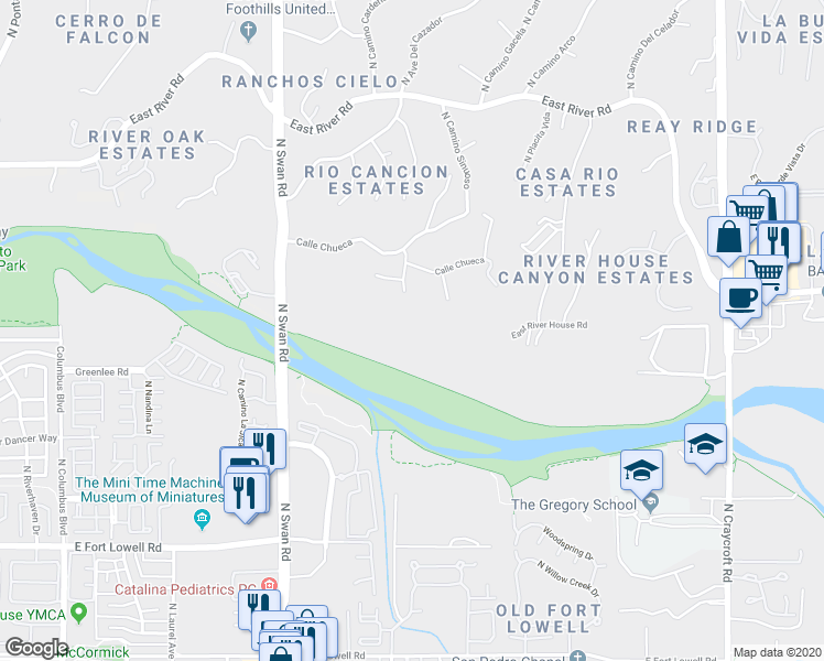 map of restaurants, bars, coffee shops, grocery stores, and more near 3600 North Camino Sinuoso in Tucson