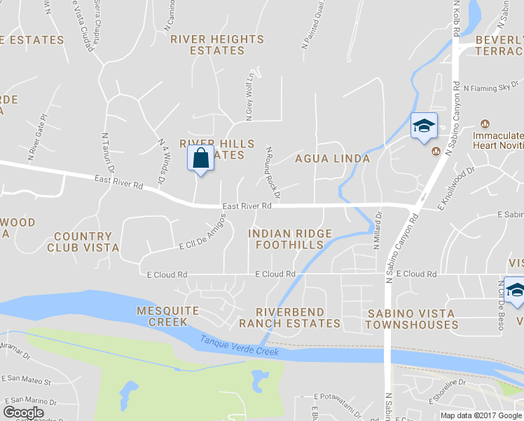map of restaurants, bars, coffee shops, grocery stores, and more near 6730 East River Road in Tucson