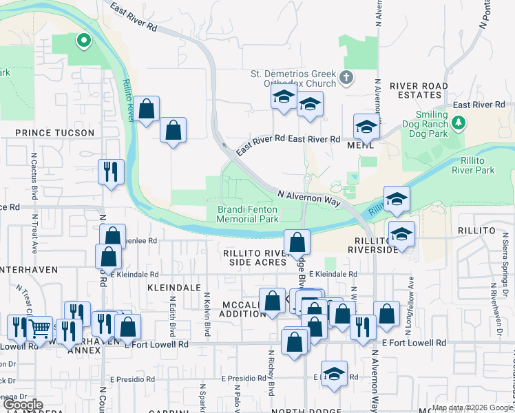 map of restaurants, bars, coffee shops, grocery stores, and more near 3482 East River Road in Tucson