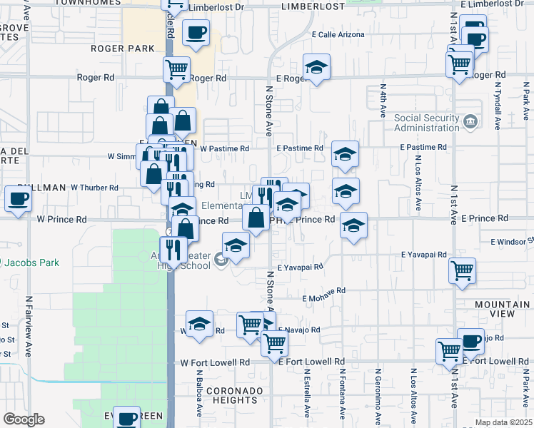map of restaurants, bars, coffee shops, grocery stores, and more near 3621 North Stone Avenue in Tucson