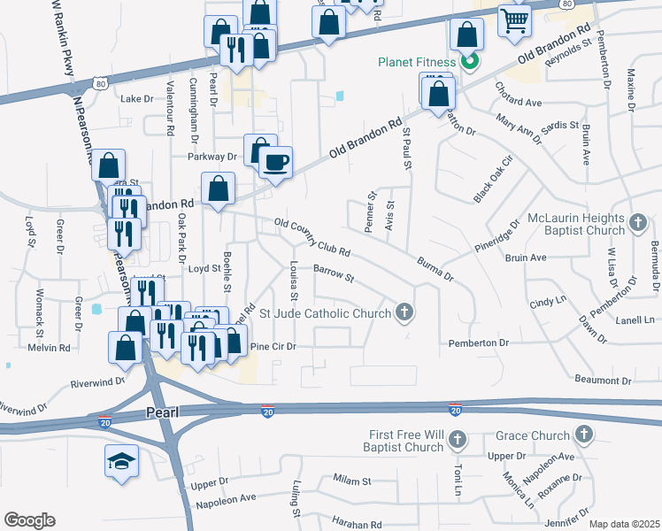 map of restaurants, bars, coffee shops, grocery stores, and more near 310 Barrow Street in Pearl