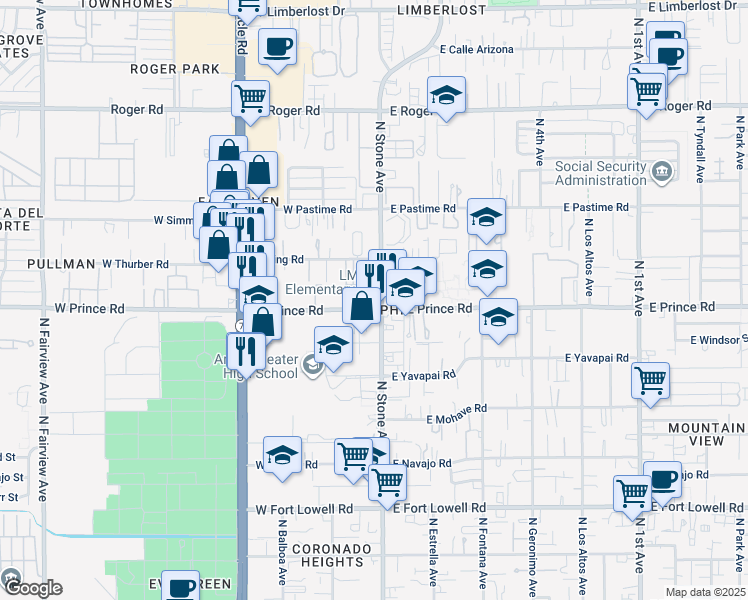 map of restaurants, bars, coffee shops, grocery stores, and more near 3601 North Stone Avenue in Tucson