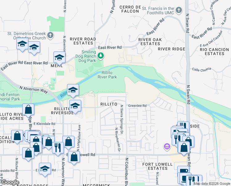 map of restaurants, bars, coffee shops, grocery stores, and more near 3401 Columbus Boulevard in Tucson