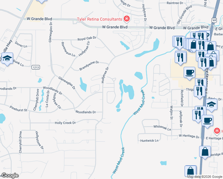 map of restaurants, bars, coffee shops, grocery stores, and more near 7105 Turnberry Circle in Tyler