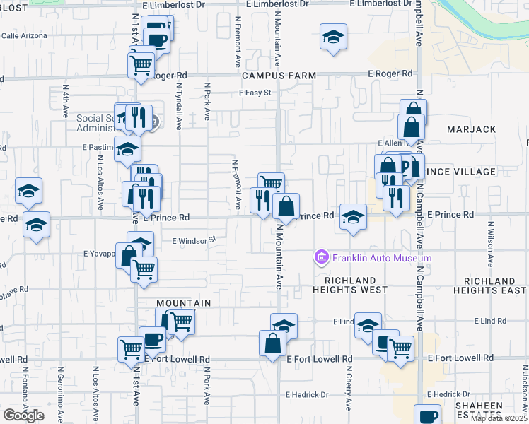 map of restaurants, bars, coffee shops, grocery stores, and more near 3604 North Santa Rita Avenue in Tucson