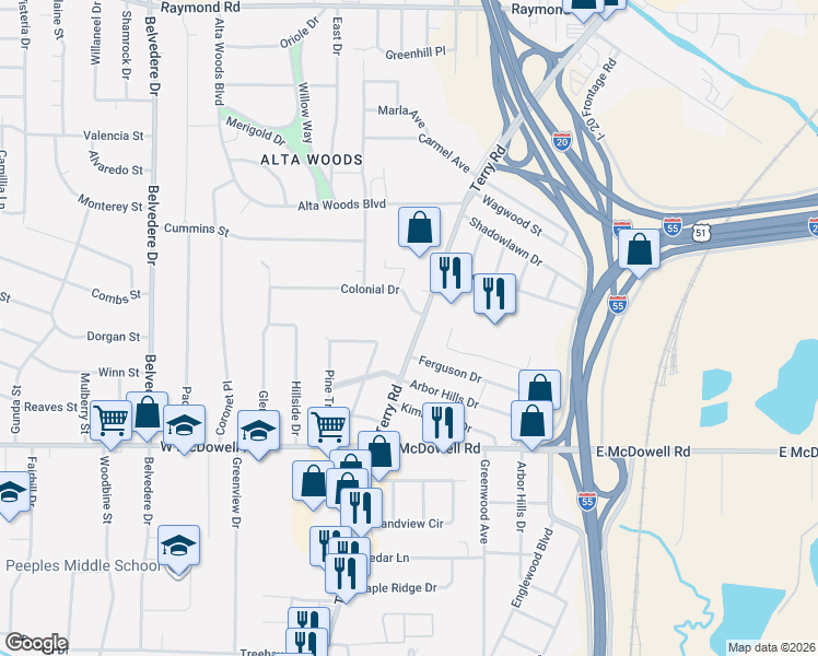 map of restaurants, bars, coffee shops, grocery stores, and more near 2519 Terry Rd in Jackson