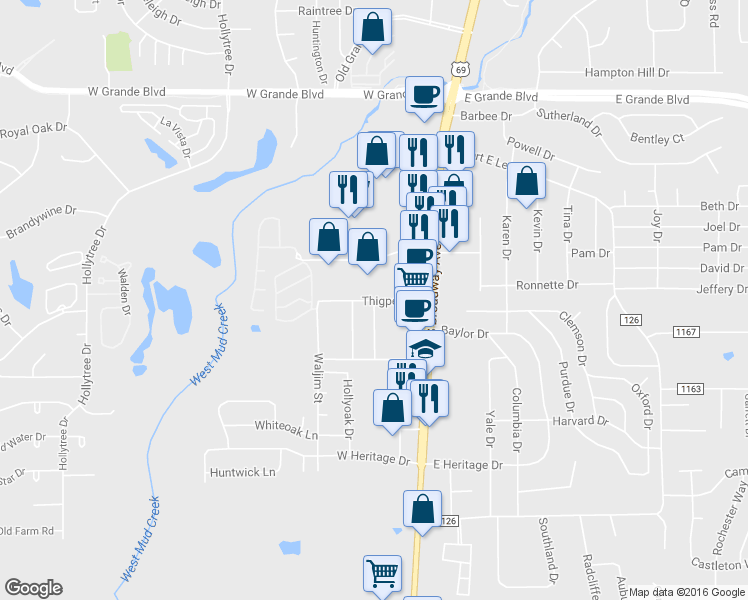 map of restaurants, bars, coffee shops, grocery stores, and more near 323 Thigpen Drive in Tyler