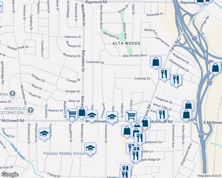 map of restaurants, bars, coffee shops, grocery stores, and more near 2611 Glenn St in Jackson