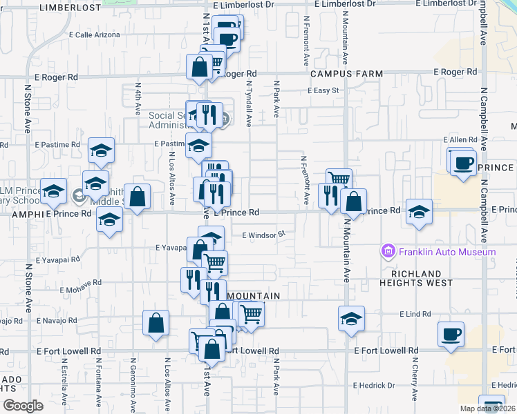 map of restaurants, bars, coffee shops, grocery stores, and more near 903 East Prince Road in Tucson
