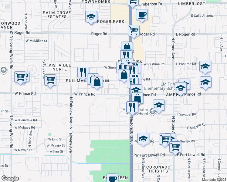 map of restaurants, bars, coffee shops, grocery stores, and more near 520 West Prince Road in Tucson