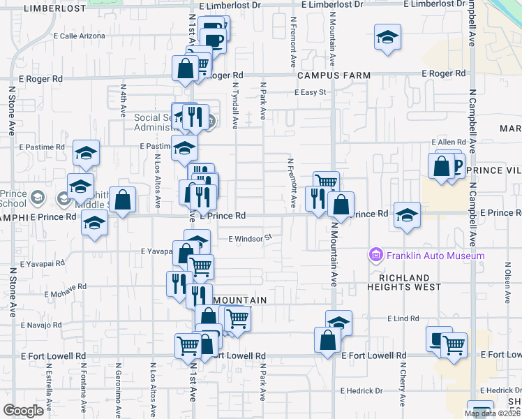 map of restaurants, bars, coffee shops, grocery stores, and more near 1003 East Prince Road in Tucson