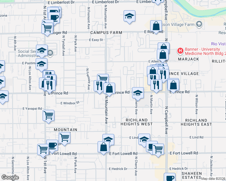 map of restaurants, bars, coffee shops, grocery stores, and more near 3620 North Mountain Avenue in Tucson