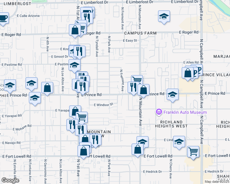 map of restaurants, bars, coffee shops, grocery stores, and more near 1003 East Prince Road in Tucson