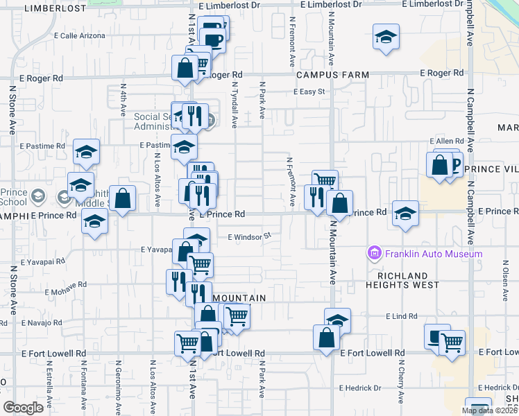 map of restaurants, bars, coffee shops, grocery stores, and more near 1003 East Prince Road in Tucson