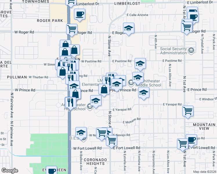 map of restaurants, bars, coffee shops, grocery stores, and more near 3621 North Stone Avenue in Tucson