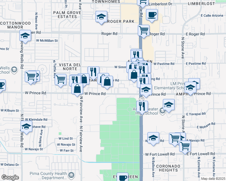 map of restaurants, bars, coffee shops, grocery stores, and more near 558 West Prince Road in Tucson