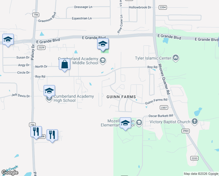 map of restaurants, bars, coffee shops, grocery stores, and more near 2509 Guinn Farms Road in Tyler