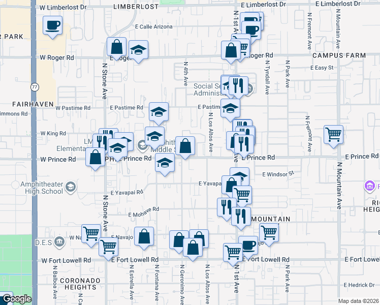 map of restaurants, bars, coffee shops, grocery stores, and more near 405 East Prince Road in Tucson