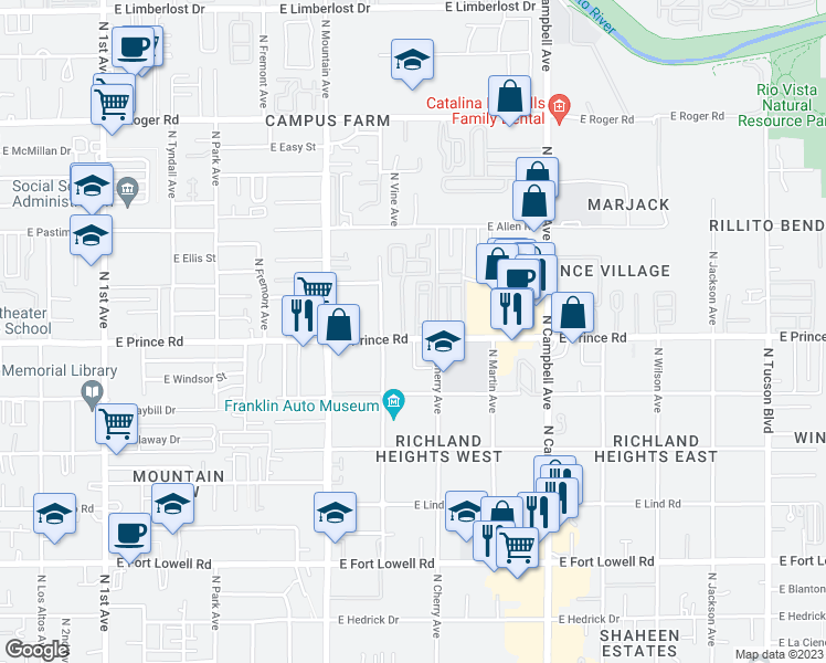 map of restaurants, bars, coffee shops, grocery stores, and more near 1501A East Prince Road in Tucson