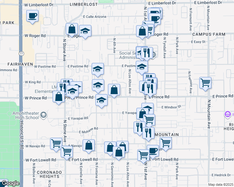 map of restaurants, bars, coffee shops, grocery stores, and more near 405 East Prince Road in Tucson