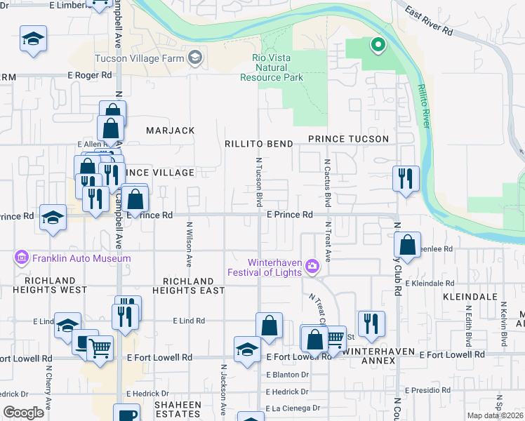 map of restaurants, bars, coffee shops, grocery stores, and more near 2472 East Moonrise Place in Tucson