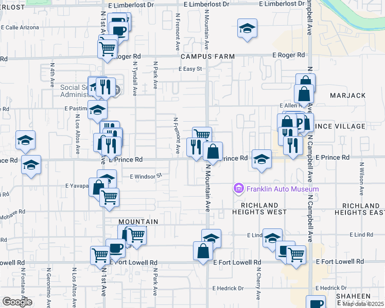 map of restaurants, bars, coffee shops, grocery stores, and more near 3604 North Santa Rita Avenue in Tucson