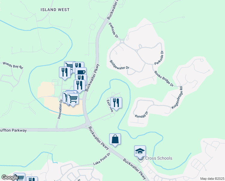 map of restaurants, bars, coffee shops, grocery stores, and more near 240 North Circle in Bluffton