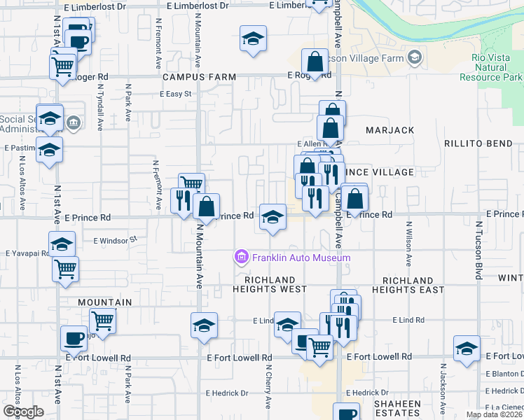 map of restaurants, bars, coffee shops, grocery stores, and more near 1501A East Prince Road in Tucson