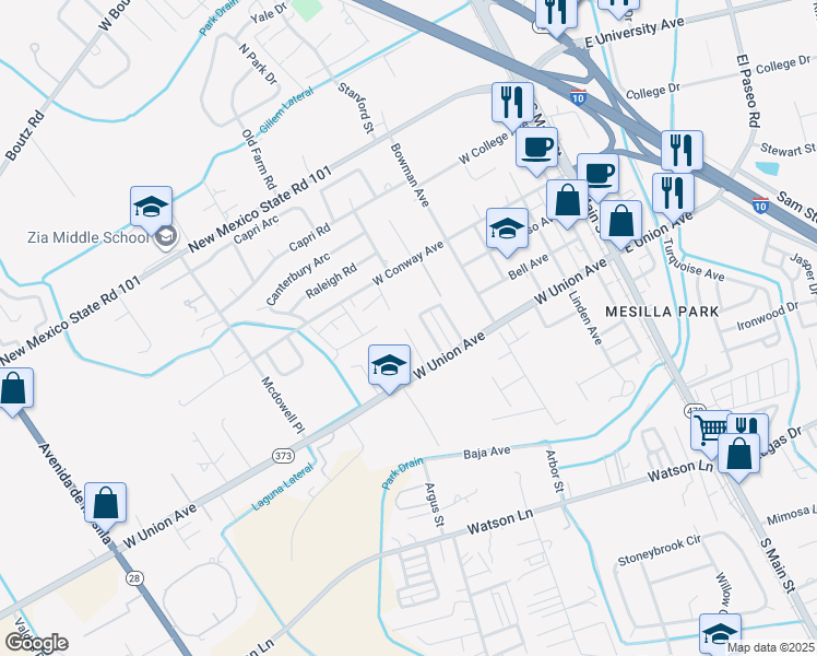 map of restaurants, bars, coffee shops, grocery stores, and more near 3305 Conlee Lane in Las Cruces