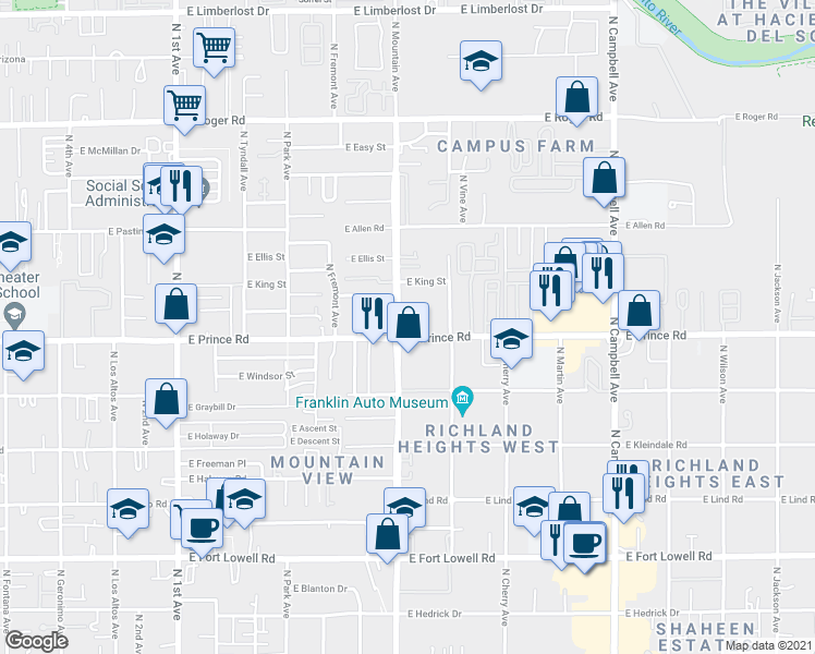 map of restaurants, bars, coffee shops, grocery stores, and more near 3620 North Mountain Avenue in Tucson