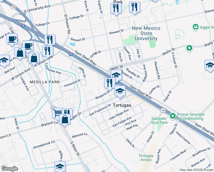 map of restaurants, bars, coffee shops, grocery stores, and more near 3251 Blackhawk Street in Las Cruces