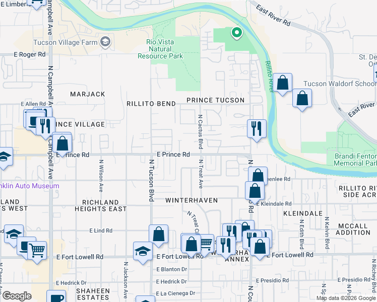 map of restaurants, bars, coffee shops, grocery stores, and more near 2619 East Prince Road in Tucson