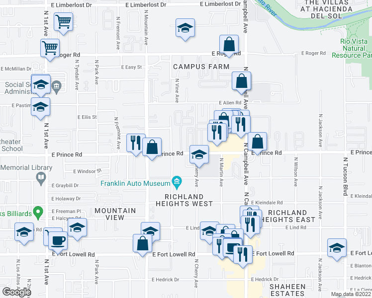 map of restaurants, bars, coffee shops, grocery stores, and more near 1501A East Prince Road in Tucson