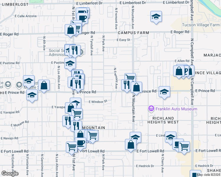 map of restaurants, bars, coffee shops, grocery stores, and more near 3603 North Fremont Avenue in Tucson
