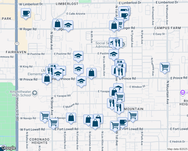 map of restaurants, bars, coffee shops, grocery stores, and more near 405 East Prince Road in Tucson